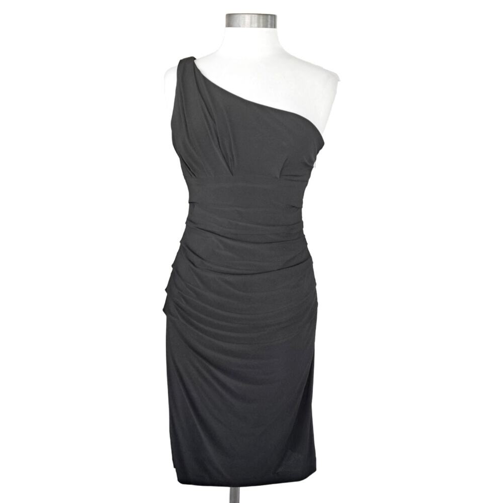 XSCAPE Black Jersey Ruched One Shoulder Cocktail Dress Size 8 Bodycon